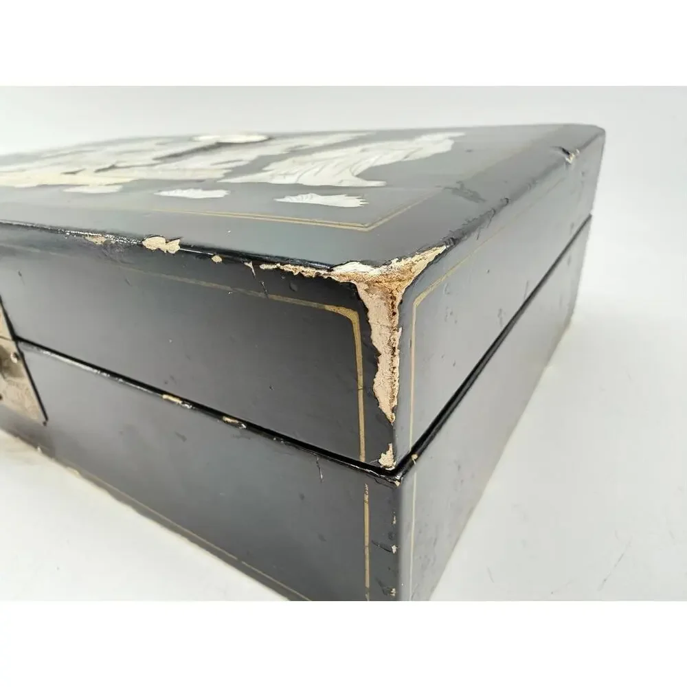 Asian Black Lacquer Jewelry Box Mother of Pearl Inlay Red Velvet 2.35 lb
